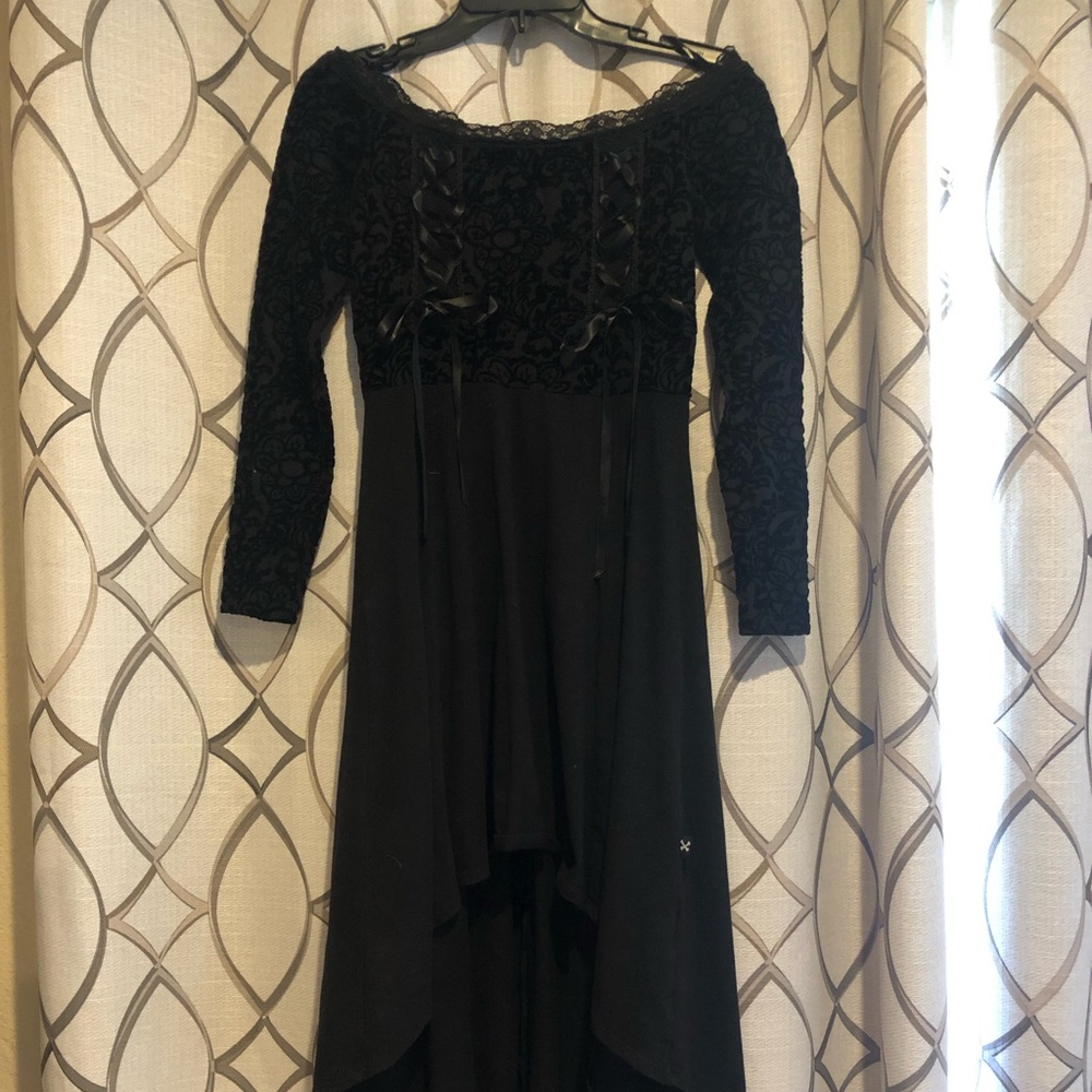 Black cotton and velvet flowers, asymmetrical dress.